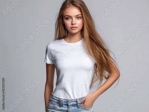 Young woman in a white t-shirt poses against a grey background