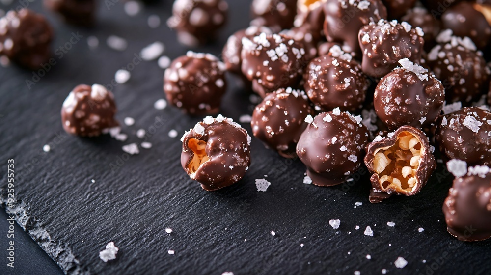 A close-up of popcorn covered in a rich chocolate coating, with a sprinkle of sea salt, placed on a dark slate surface for a gourmet presentation A close-up of popcorn covered in a rich chocolate coating, with a sprinkle of sea salt, placed on a dark slate surface for a gourmet presentation