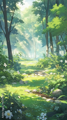 Enchanted Anime Forest: A Colorful Wide-Format Background of a Whimsical Anime-Style Cartoon Forest Perfect for Gaming Art and Storybook Illustrations in 4K photo