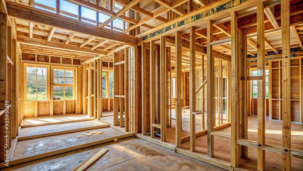 Wood framing of unfinished interior during house remodeling, construction, renovation Wood framing of unfinished interior during house remodeling, construction, renovation