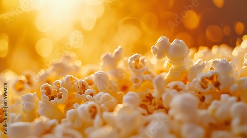 A dramatic close-up of popcorn with butter slowly melting over the top, with a warm, golden lighting creating a cozy, inviting atmosphere photo