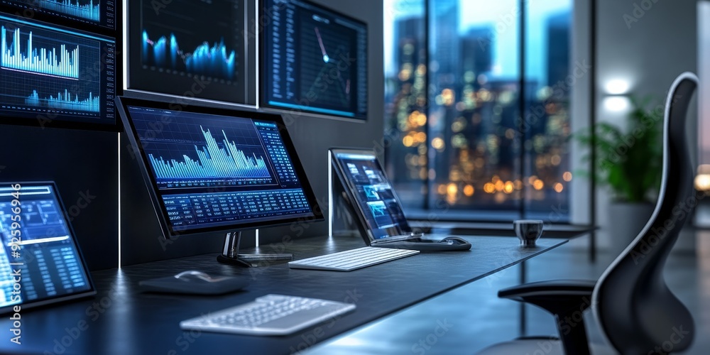 Detailed view of a sleek office workspace with multiple screens, financial reports, and a stylish desk organizer, emphasizing a high-tech environment Detailed view of a sleek office workspace with multiple screens, financial reports, and a stylish desk organizer, emphasizing a high-tech environment