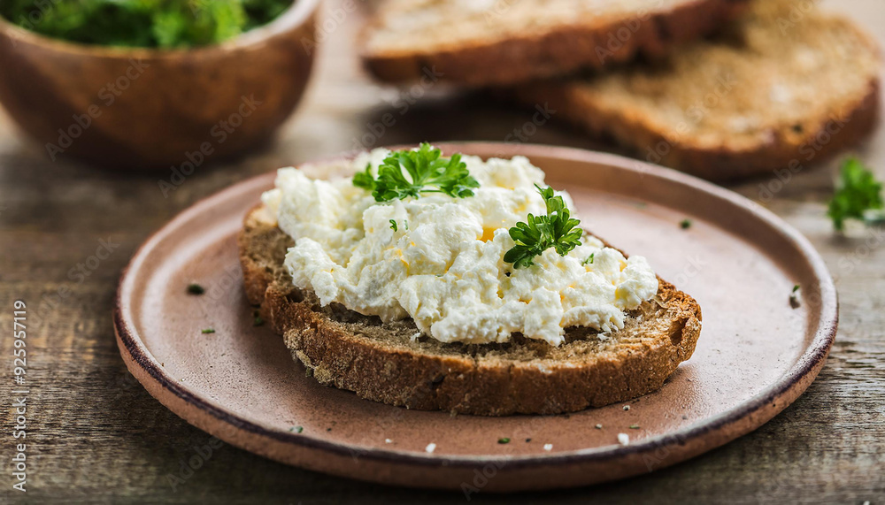 Creamy homemade cheese on slice of crusty bread with fresh herbs on plate, wooden table Creamy homemade cheese on slice of crusty bread with fresh herbs on plate, wooden table