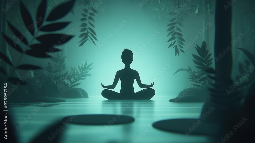 A peaceful figure is meditating amidst lush greenery in a forest A peaceful figure is meditating amidst lush greenery in a forest