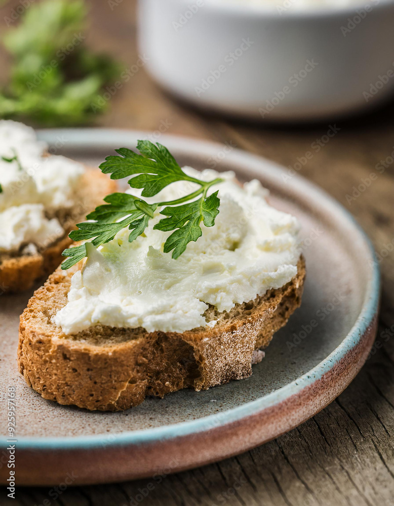 Creamy homemade cheese on slice of crusty bread with fresh herbs on plate, wooden table Creamy homemade cheese on slice of crusty bread with fresh herbs on plate, wooden table