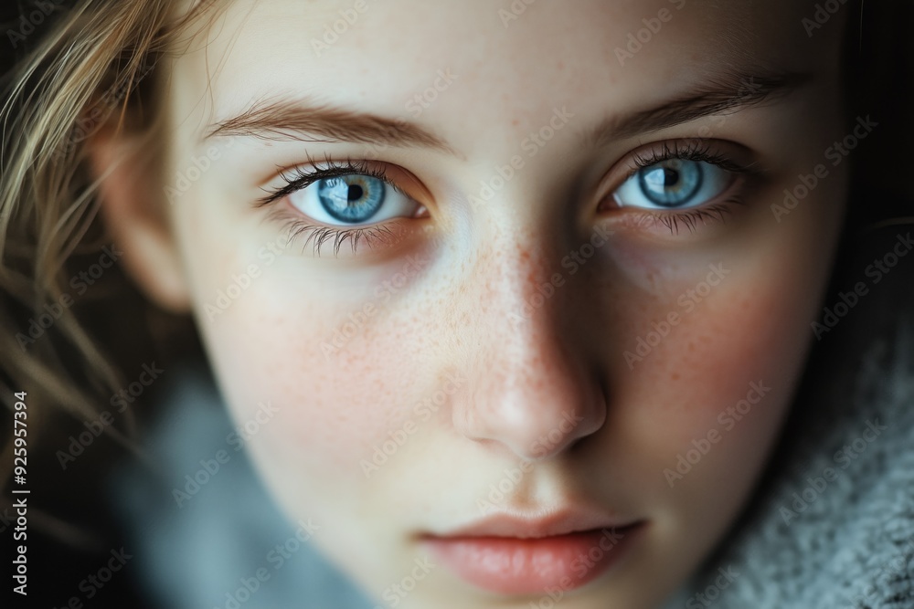 A close up portrait of a beautiful serious blue eyed girl looking in camera A close up portrait of a beautiful serious blue eyed girl looking in camera