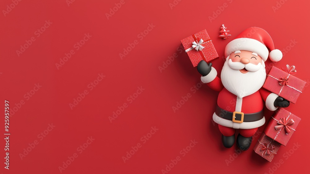 Jolly Santa Claus Spreading Cheer: Christmas Gifts for Happy Shoppers on Red Background, Generative Ai Jolly Santa Claus Spreading Cheer: Christmas Gifts for Happy Shoppers on Red Background, Generative Ai