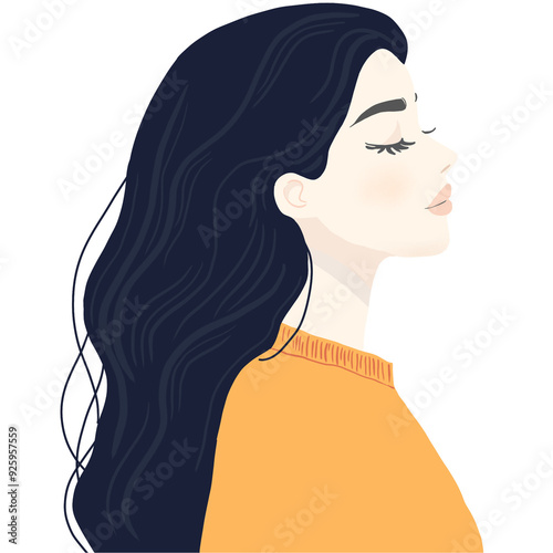 Photography A minimalist side-profile illustration of a serene woman with long dark hair, closed eyes, and a peaceful expression