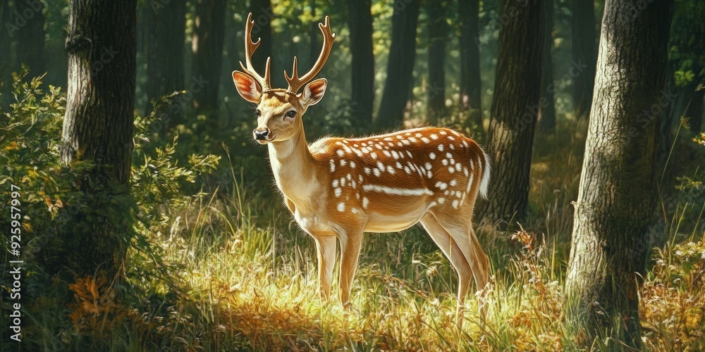 Detailed view of a graceful deer in a forest clearing, highlighting the natural beauty and elegance of wildlife in its habitat Detailed view of a graceful deer in a forest clearing, highlighting the natural beauty and elegance of wildlife in its habitat