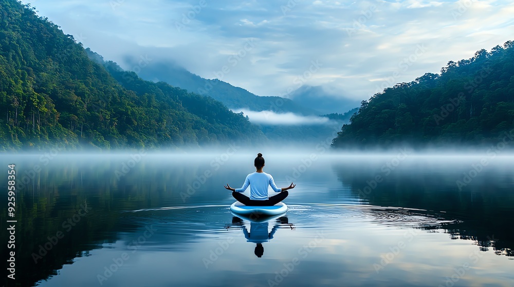 Silhouette of a person meditating on a calm lake at sunrise. Silhouette of a person meditating on a calm lake at sunrise.