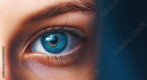 Blue eye close up macro photo of a young pretty girl. Sight, healthcare, WHO medical examination.