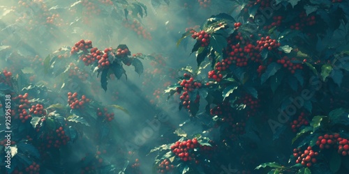 Vibrant Coffee Cherry Harvest: Lush Forest Plantation in Heding. Ripe Red Fruits Amidst Verdant Landscape, Perfect for Nature Enthusiasts and Botanical Studies. Ideal Backdrop for Travel Marketing, Ga photo