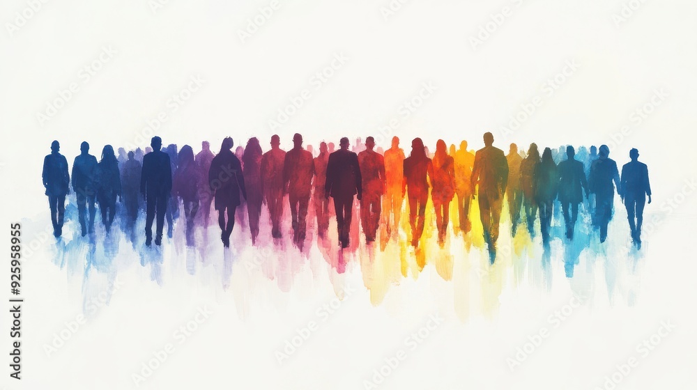 Naklejka premium Vector silhouettes of Crowd silhouette,People group colorful shadow men and a women business people silhouettes,person team mystery,Vector illustration black shapes isolated on white background.