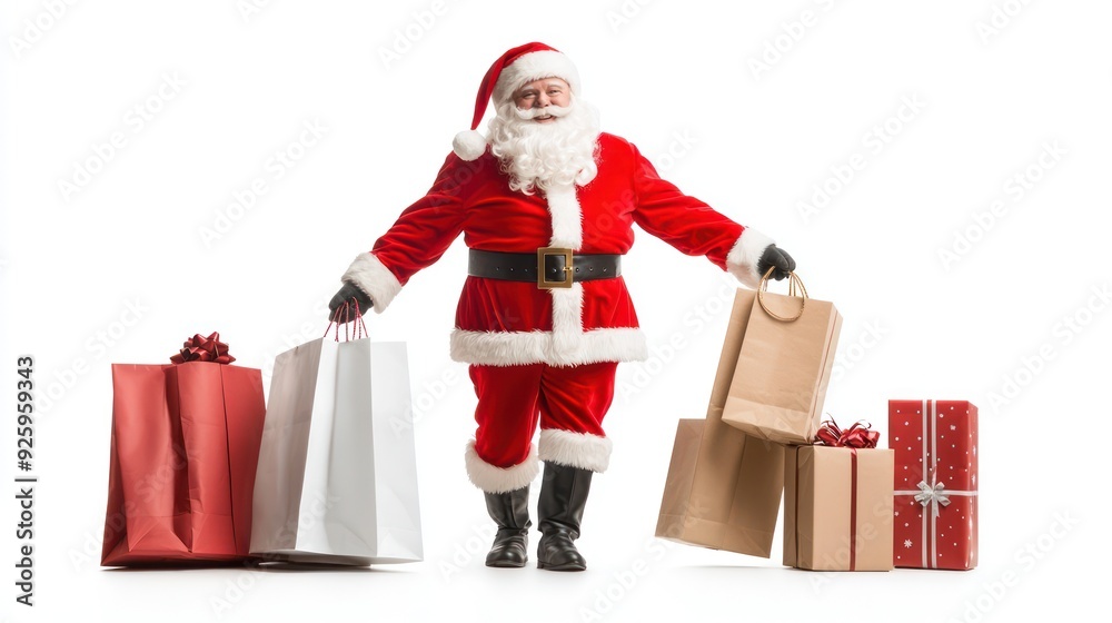 Santa Claus Spreading Cheer While Holiday Shopping with Happy Group of Shoppers on White Background, Generative Ai Santa Claus Spreading Cheer While Holiday Shopping with Happy Group of Shoppers on White Background, Generative Ai