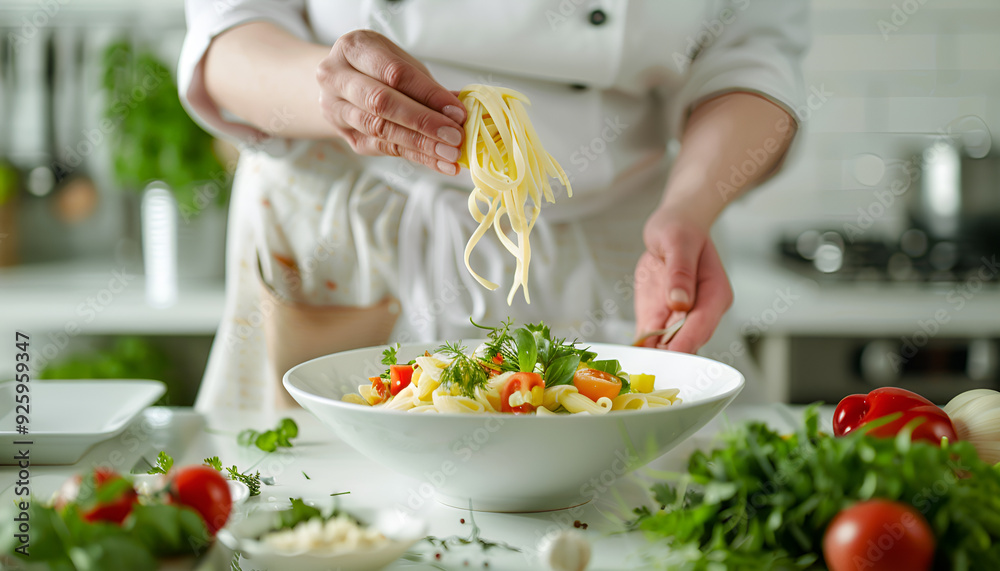 Chef hands preparing delicious cold pasta salad on the table closeup Chef hands preparing delicious cold pasta salad on the table closeup