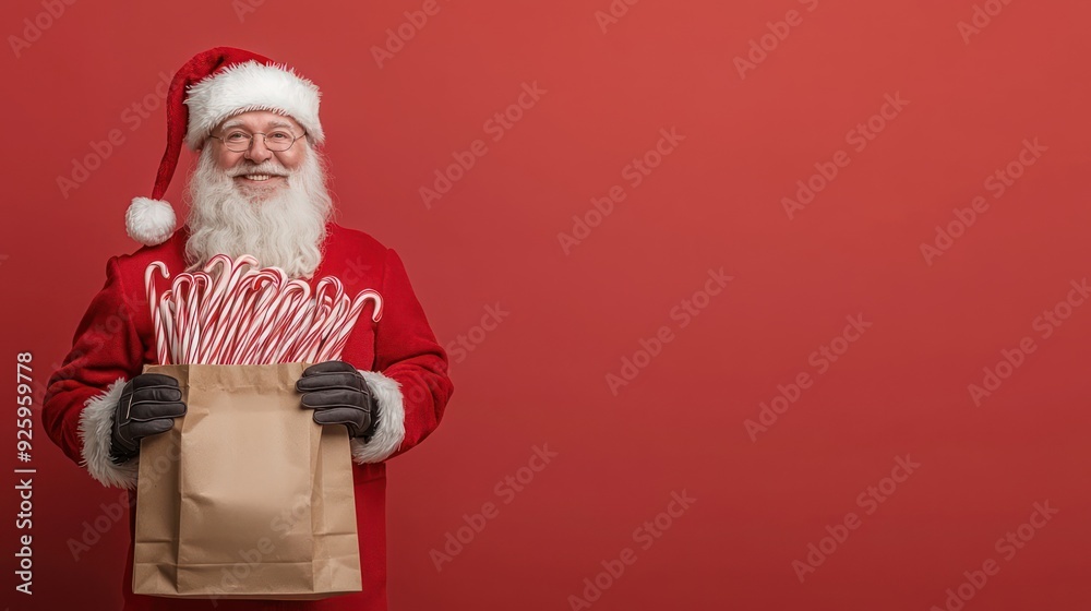 Jolly Santa Claus Holding Shopping Bag of Candy Canes on Festive Red Background, Generative Ai