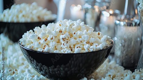 An elegant black-and-white themed popcorn display, with popcorn in sleek black bowls, surrounded by white rose petals and silver accents photo