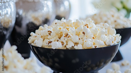 An elegant black-and-white themed popcorn display, with popcorn in sleek black bowls, surrounded by white rose petals and silver accents photo