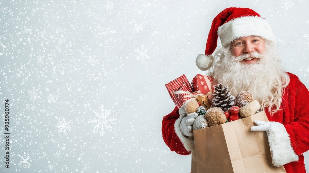 Merry Santa Claus with Shopping Bag Full of Christmas Goodies in Snowy Background, Generative Ai
