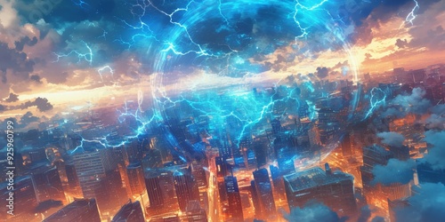 Electrifying Urban Storm: 3D Lightning Strike Ignites Colorful Explosion Amidst Turbulent Clouds. Dramatic Natural Disaster Scene Captures Danger and Beauty, Perfect for Advertising, Game UI, Web Desi