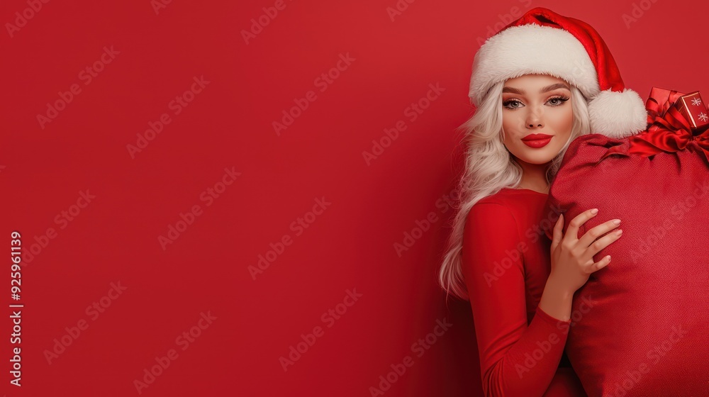Festive Female Santa Claus Holding Sack of Gifts on Solid Color Background, Generative Ai