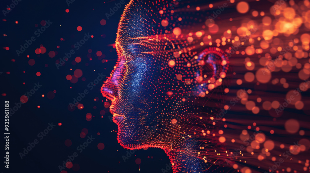 Digital human face in profile composed of glowing points in futuristic style on a dark background. Concept of science, technology and nature Digital human face in profile composed of glowing points in futuristic style on a dark background. Concept of science, technology and nature