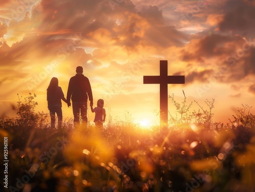 Family silhouette seeking jesus christ s cross at autumn sunrise   easter sunday concept photo