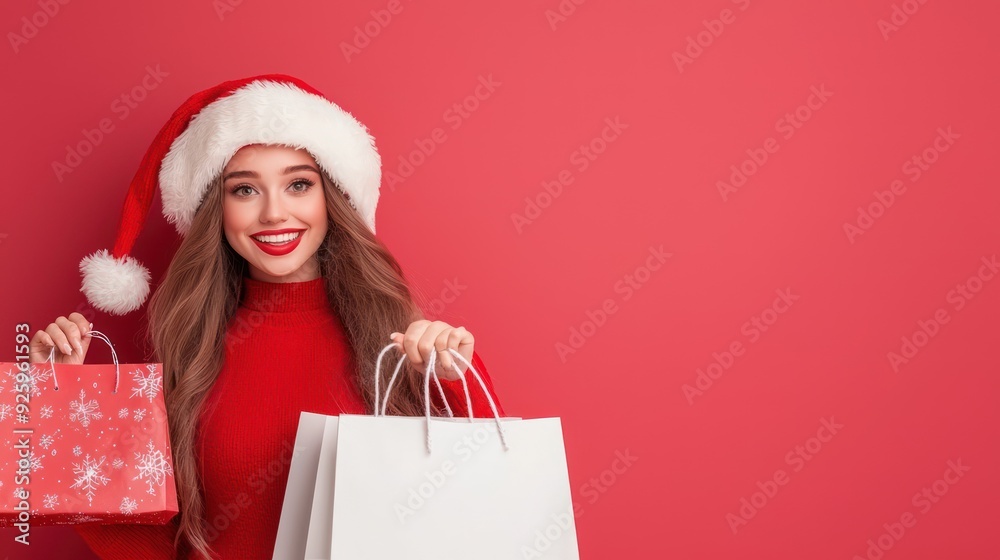 Joyful Female Santa Claus Spreading Christmas Cheer with Shopping Bags in Hand, Generative Ai Joyful Female Santa Claus Spreading Christmas Cheer with Shopping Bags in Hand, Generative Ai