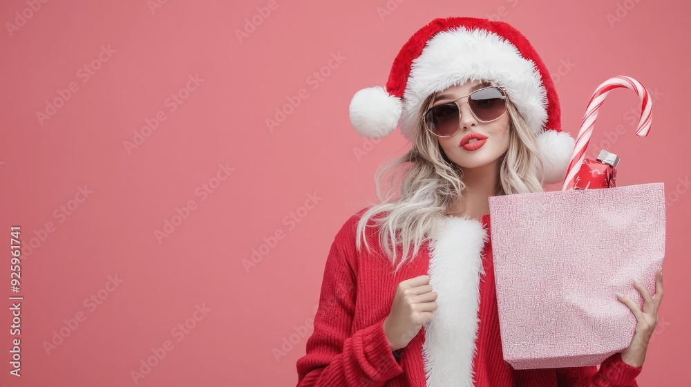 Cheerful Santa Woman with Candy Cane and Gifts Bag for Christmas Shopping Joy, Generative Ai Cheerful Santa Woman with Candy Cane and Gifts Bag for Christmas Shopping Joy, Generative Ai