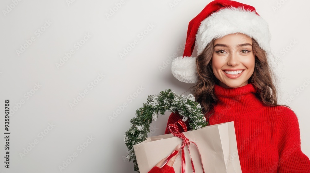Jolly Female Santa Claus Spreading Holiday Cheer with Wreath and Shopping Bags, Generative Ai Jolly Female Santa Claus Spreading Holiday Cheer with Wreath and Shopping Bags, Generative Ai