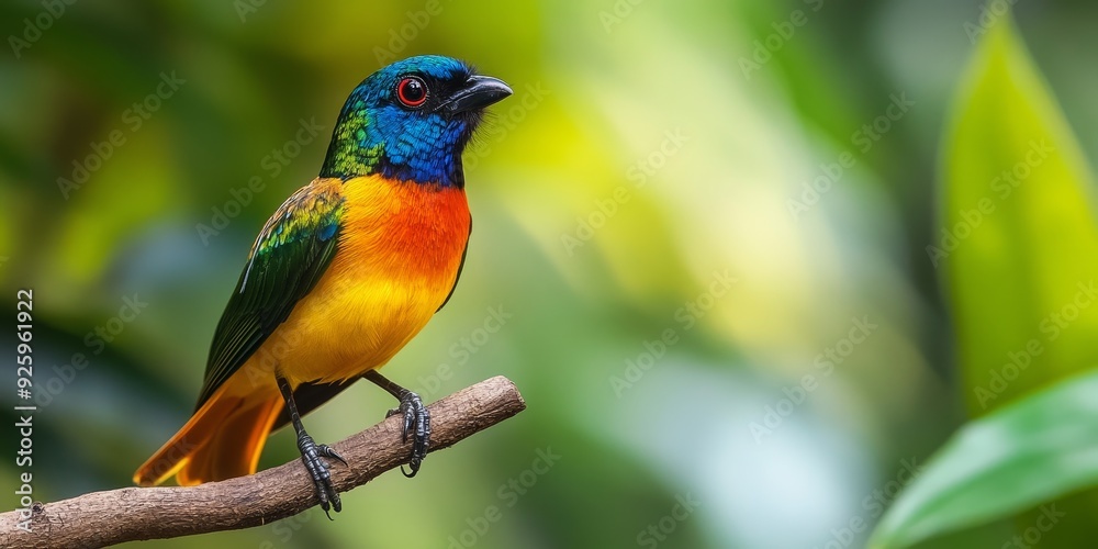 Macro shot of a colorful tropical bird perched on a branch, emphasizing the vivid plumage and exotic allure of wild species Macro shot of a colorful tropical bird perched on a branch, emphasizing the vivid plumage and exotic allure of wild species