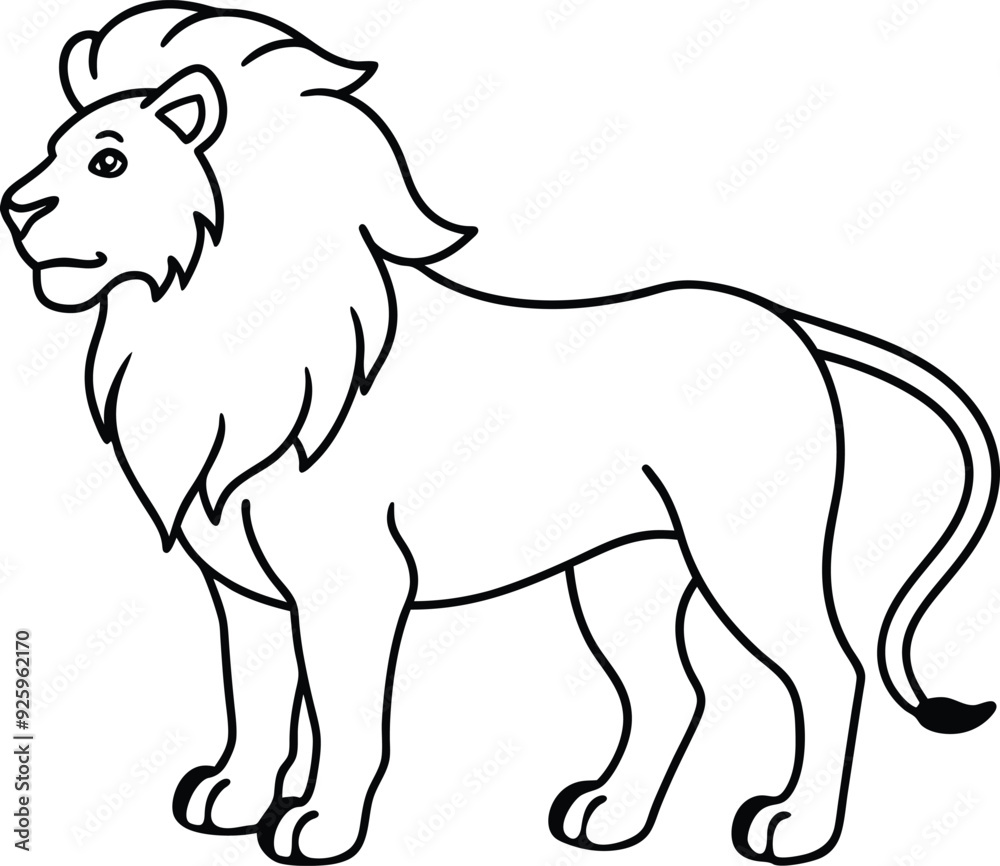 Fototapeta premium Lion outlines illustration silhouette, with a majestic mane, standing in a powerful pose, drawn with minimalistic lines on a white background.