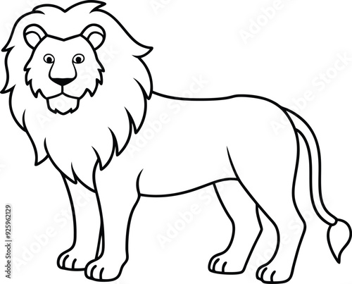 An outline illustration of a lion, with a majestic mane, standing in a powerful pose, drawn with minimalistic lines on a white background.