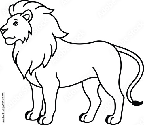 Lion outlines illustration silhouette, with a majestic mane, standing in a powerful pose, drawn with minimalistic lines on a white background.