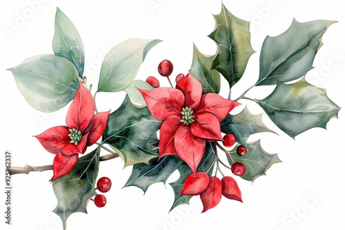 Watercolor poinsettia with holly and berries illustrations, Beautiful watercolor illustrations of red poinsettias combined with holly leaves and berries, perfect for elegant and festive Christmas desi