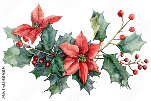 Watercolor poinsettia with holly and berries illustrations, Beautiful watercolor illustrations of red poinsettias combined with holly leaves and berries, perfect for elegant and festive Christmas desi