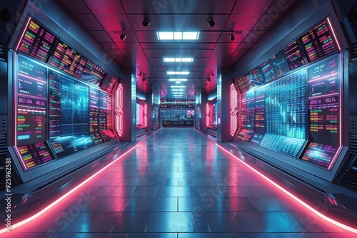 Futuristic hallway with glowing screens and neon lights.