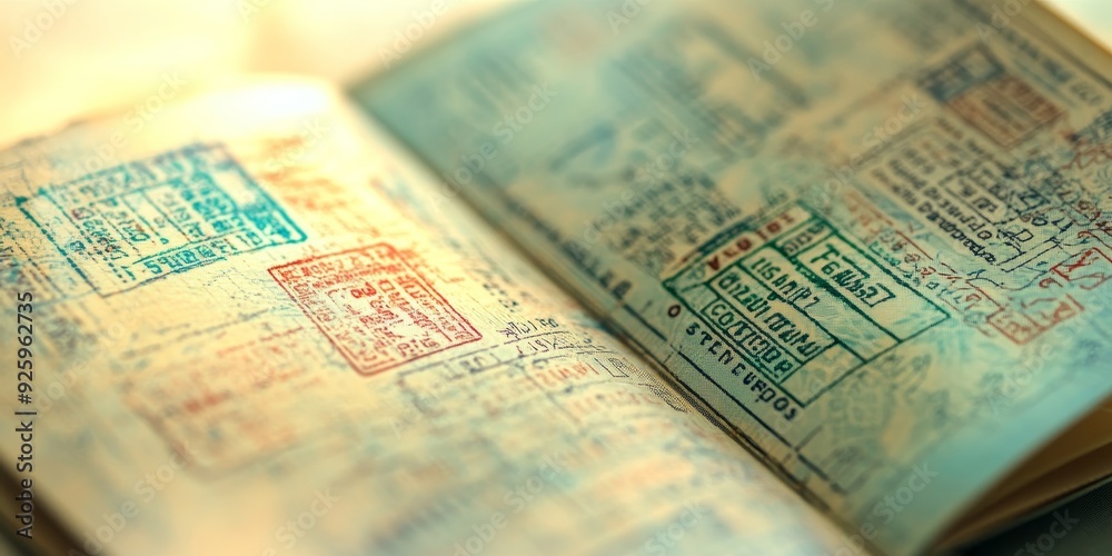 Fototapeta premium Close-up of a passport with visa stamps and travel tickets, highlighting the essential elements of international travel and adventure