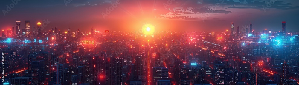 Aerial view of futuristic city at night with glowing lights. Aerial view of futuristic city at night with glowing lights.