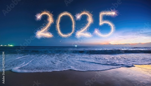 spark 2025 text on the beach, new year concept