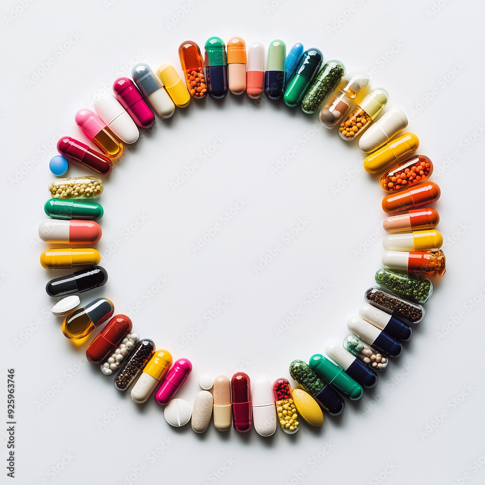 A photo of a colorful circle of multivitamins, sports gels, pills, capsules, softgels and supplements of various types A photo of a colorful circle of multivitamins, sports gels, pills, capsules, softgels and supplements of various types