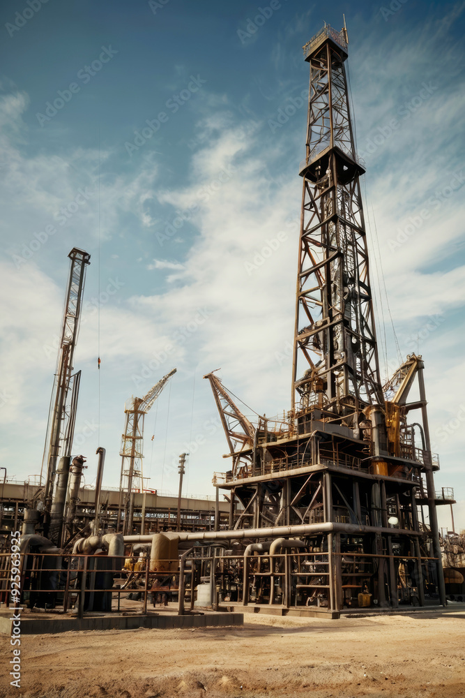 Oil field for extracting fossil fuels from the ground. Oil drilling rigs in the desert Oil field for extracting fossil fuels from the ground. Oil drilling rigs in the desert