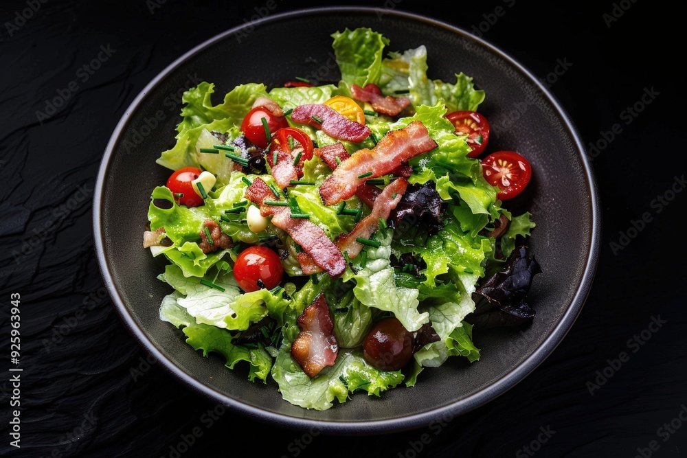 Fresh lettuce leaves mingle with crispy bacon Fresh lettuce leaves mingle with crispy bacon