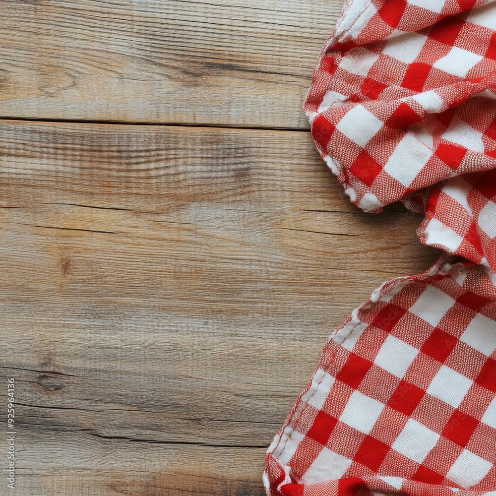 Obraz premium Rustic Charm: Red Checkered Tablecloth on Wooden Table, Perfect for Picnic Scenes and Food Presentations. Versatile Background for Marketing, Home Decor, Game UI, Web Design, and 4K Wallpapers.