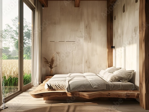 Serene Homestay Bedroom Interior Featuring a Natural Wood Bed and Large Window Overlooking a Picturesque Golden Rice Field. A Natural Wooden Bedside Table Complements, Retro-Modern Design.