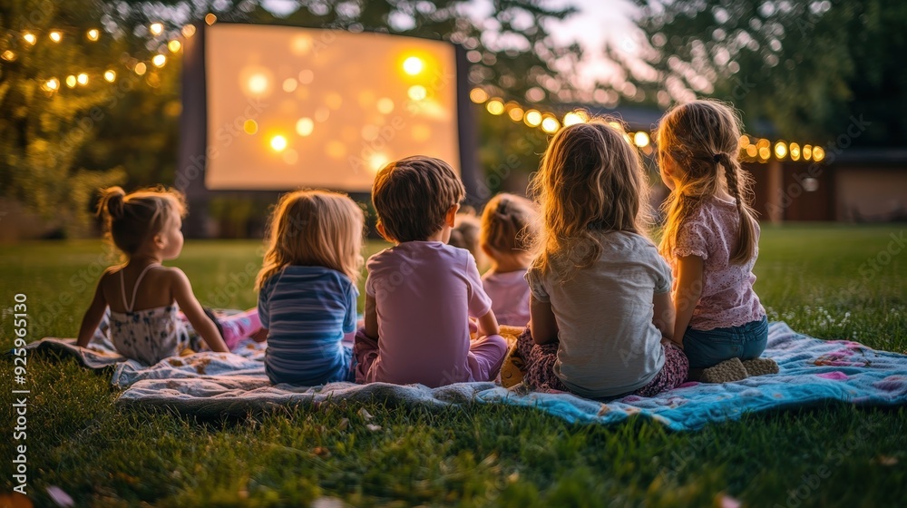 Kids watching movie outdoors at night.