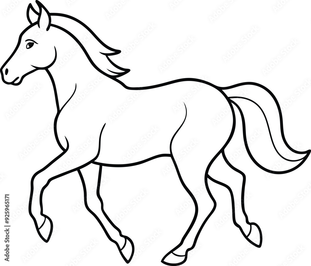 Horse outline illustration, in a galloping pose, with smooth and elegant lines on a white background Horse outline illustration, in a galloping pose, with smooth and elegant lines on a white background