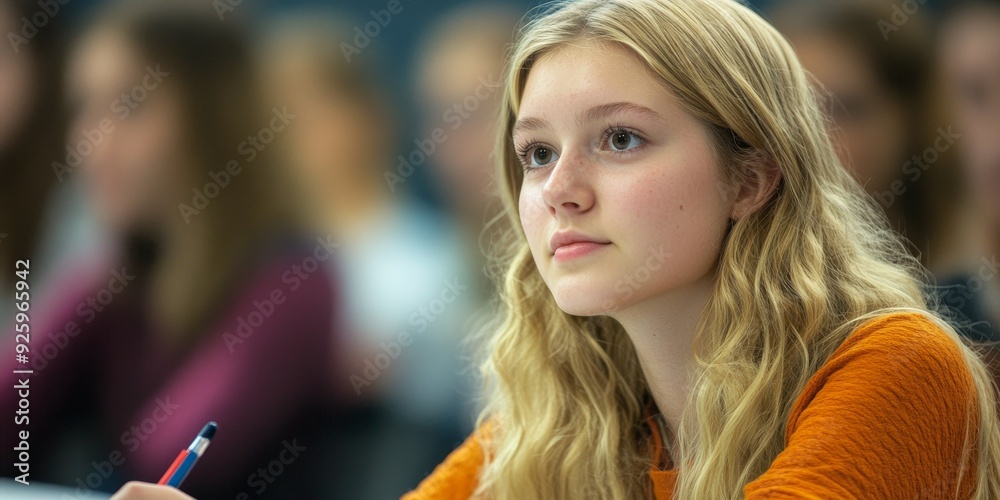 Obraz premium Macro shot of a student taking notes during a lecture, with a focus on their attentive expression and academic materials