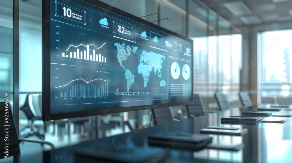 Fototapeta premium Corporate Presentation with Cloud Storage Benefits in High-Tech Boardroom for Data Management