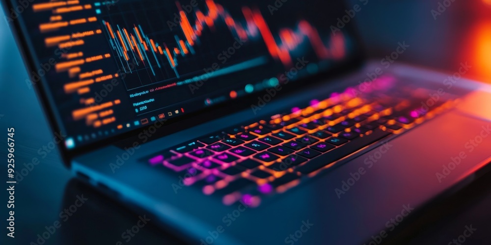 Detailed view of a sleek laptop with a backlit keyboard and open financial software, illustrating cutting-edge computer technology Detailed view of a sleek laptop with a backlit keyboard and open financial software, illustrating cutting-edge computer technology